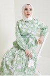  Desenli Tesettür Elbise Yeşil 432