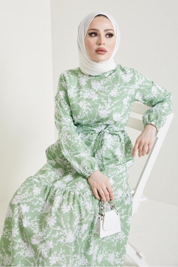  Desenli Tesettür Elbise Yeşil 432