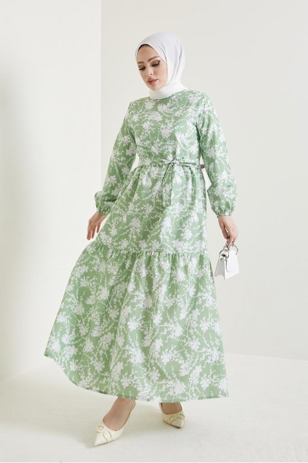  Desenli Tesettür Elbise Yeşil 432