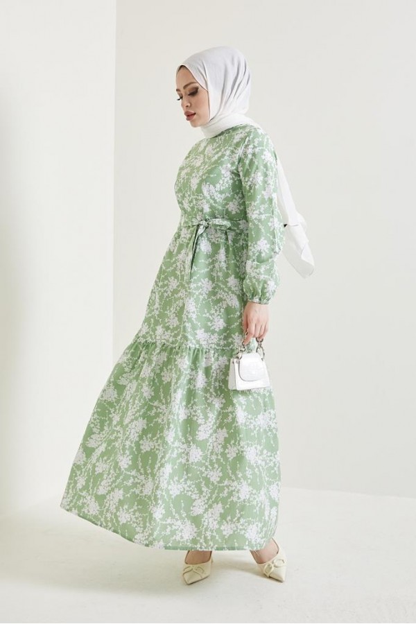  Desenli Tesettür Elbise Yeşil 432