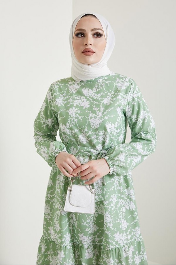 Desenli Tesettür Elbise Yeşil 432