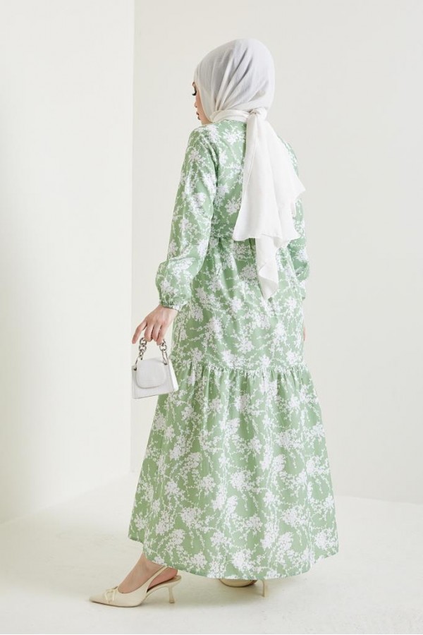  Desenli Tesettür Elbise Yeşil 432
