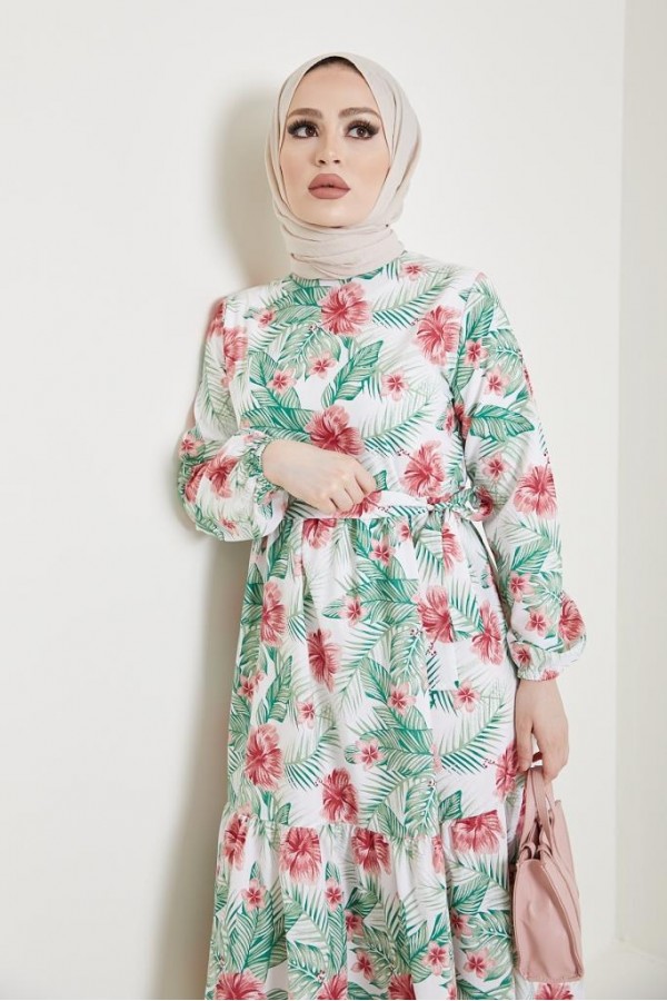  Çiçek Desen Tesettür Elbise Gül Kurusu 433