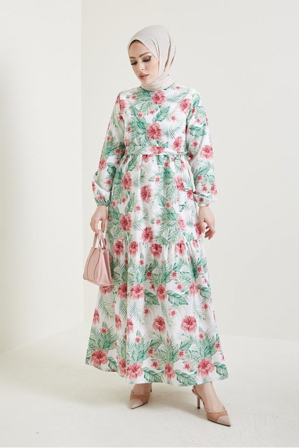  Çiçek Desen Tesettür Elbise Gül Kurusu 433