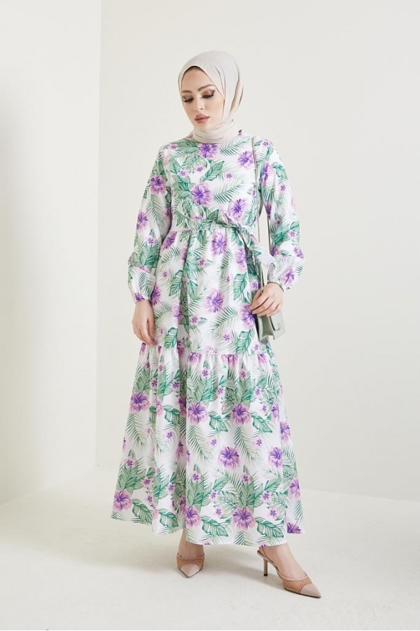 Çiçek Desen Tesettür Elbise Lila 433 Çiçek Desen Tesettür Elbise Lila 433