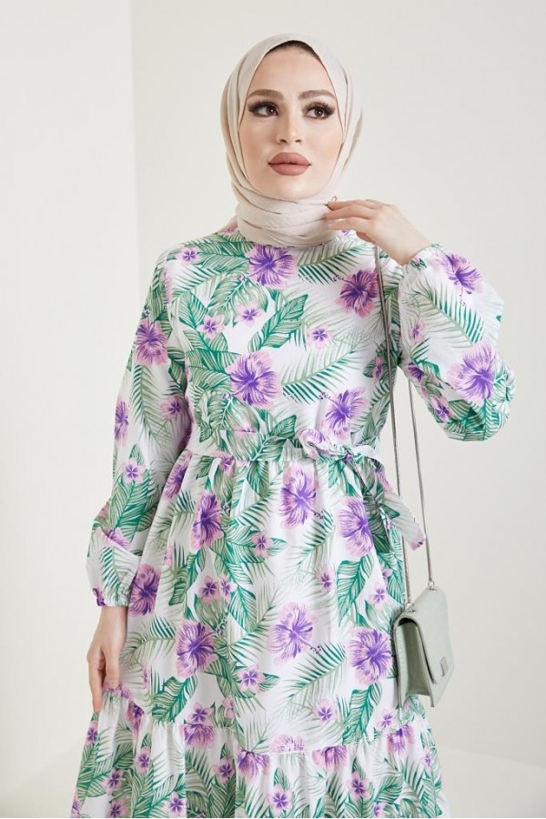 Çiçek Desen Tesettür Elbise Lila 433 Çiçek Desen Tesettür Elbise Lila 433