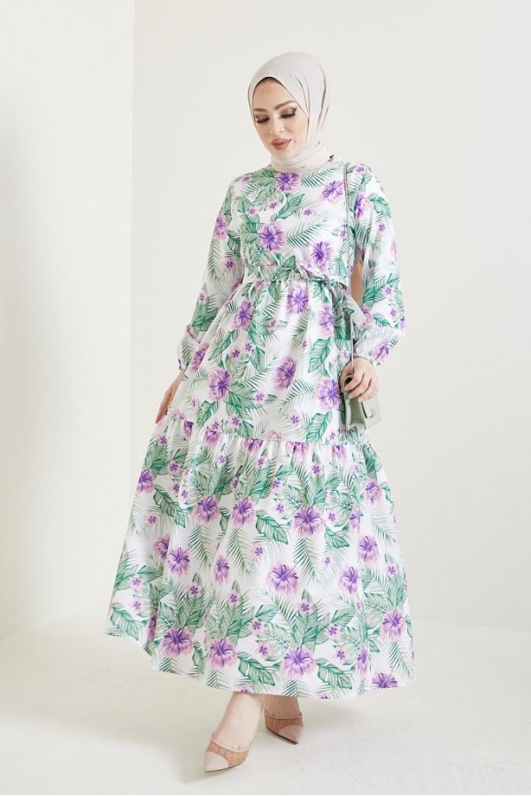 Çiçek Desen Tesettür Elbise Lila 433 Çiçek Desen Tesettür Elbise Lila 433