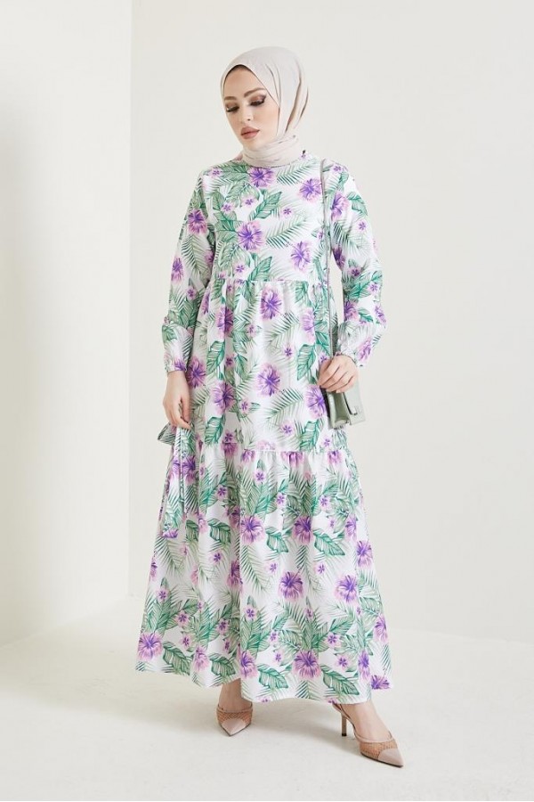 Çiçek Desen Tesettür Elbise Lila 433 Çiçek Desen Tesettür Elbise Lila 433