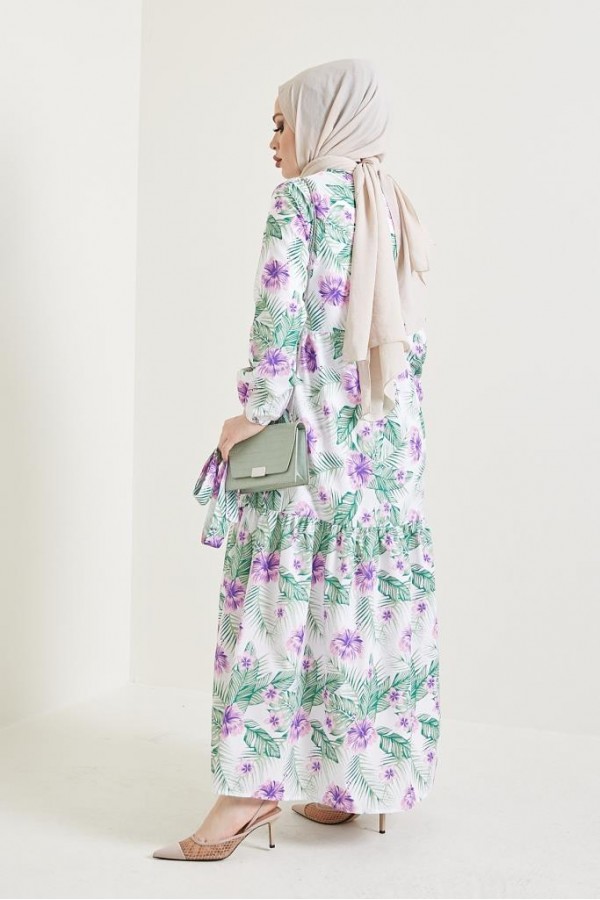 Çiçek Desen Tesettür Elbise Lila 433 Çiçek Desen Tesettür Elbise Lila 433