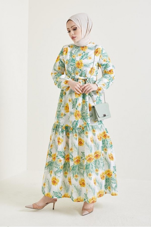  Çiçek Desen Tesettür Elbise Sarı 433