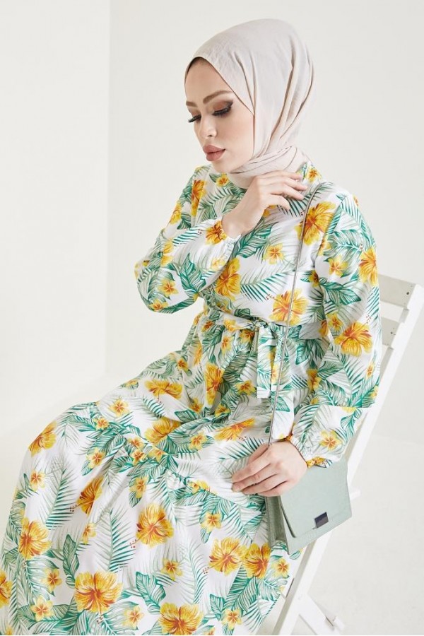  Çiçek Desen Tesettür Elbise Sarı 433