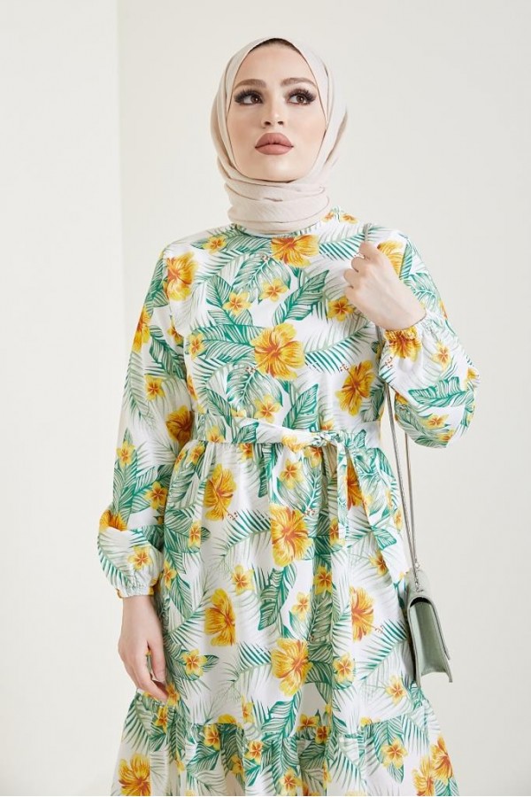  Çiçek Desen Tesettür Elbise Sarı 433