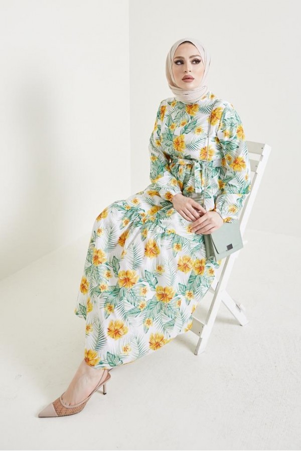  Çiçek Desen Tesettür Elbise Sarı 433