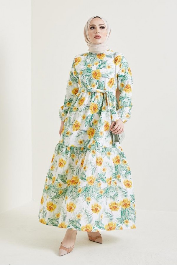  Çiçek Desen Tesettür Elbise Sarı 433