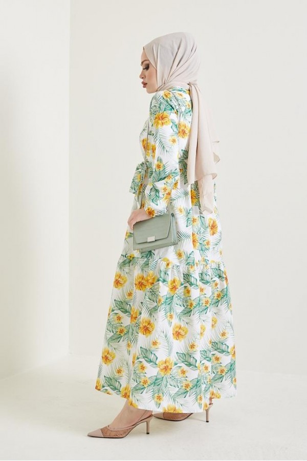  Çiçek Desen Tesettür Elbise Sarı 433
