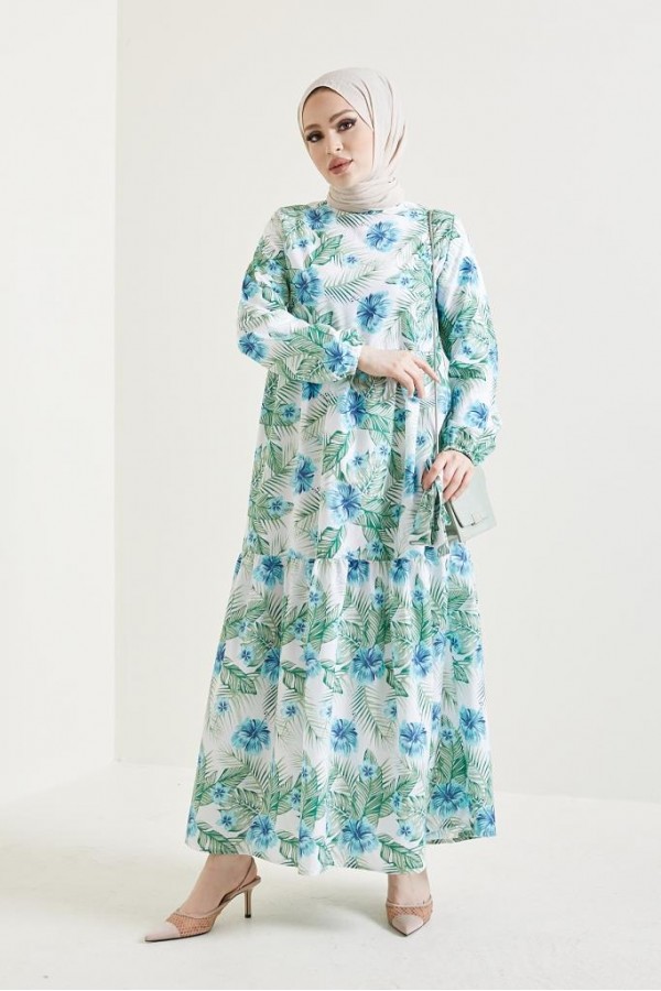  Çiçek Desen Tesettür Elbise Turkuaz 433