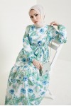  Çiçek Desen Tesettür Elbise Turkuaz 433
