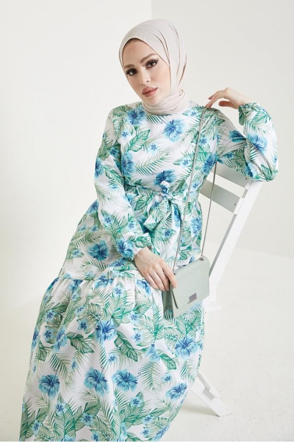  Çiçek Desen Tesettür Elbise Turkuaz 433