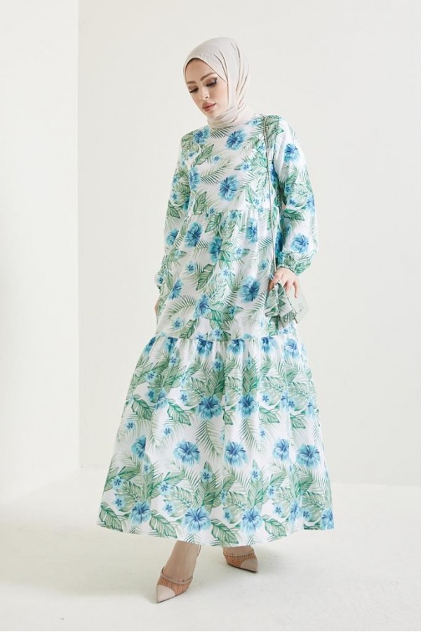  Çiçek Desen Tesettür Elbise Turkuaz 433