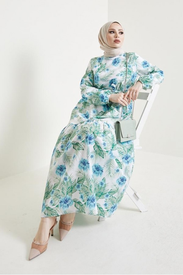  Çiçek Desen Tesettür Elbise Turkuaz 433