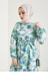  Çiçek Desen Tesettür Elbise Turkuaz 433