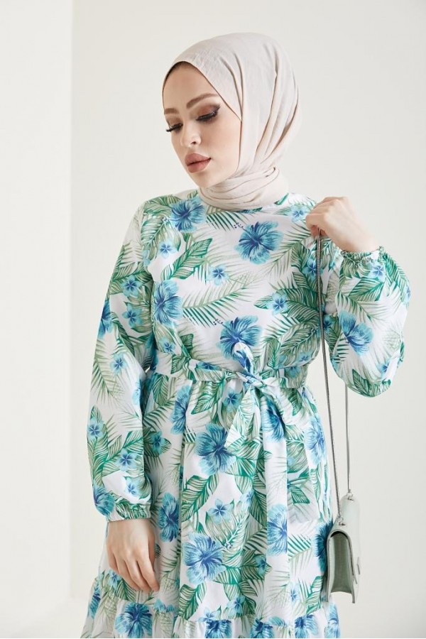  Çiçek Desen Tesettür Elbise Turkuaz 433