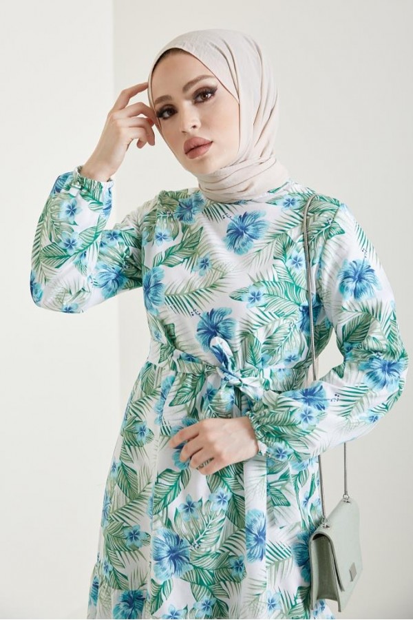  Çiçek Desen Tesettür Elbise Turkuaz 433