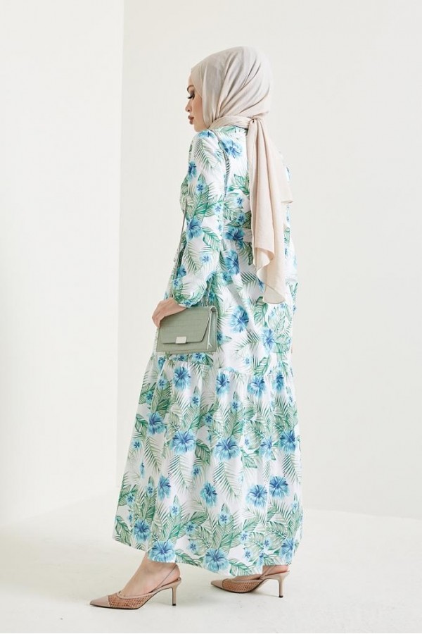  Çiçek Desen Tesettür Elbise Turkuaz 433