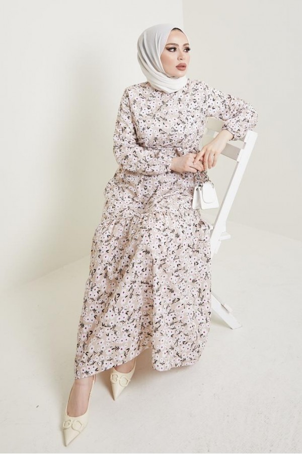 Desenli Tesettür Elbise Bej 434 Desenli Tesettür Elbise Bej 434