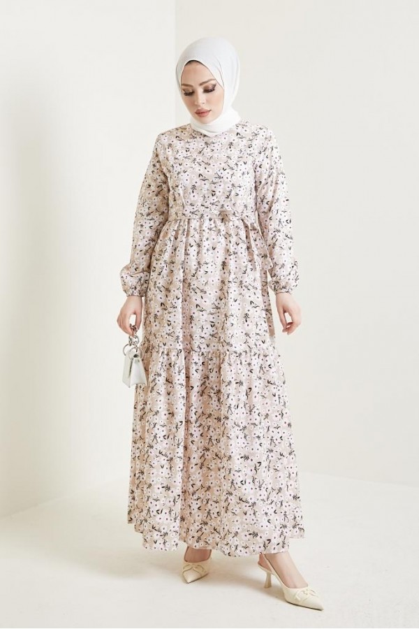 Desenli Tesettür Elbise Bej 434 Desenli Tesettür Elbise Bej 434