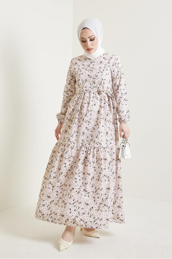 Desenli Tesettür Elbise Bej 434 Desenli Tesettür Elbise Bej 434