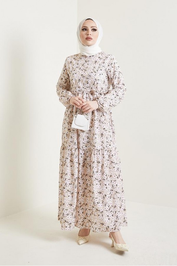 Desenli Tesettür Elbise Bej 434 Desenli Tesettür Elbise Bej 434