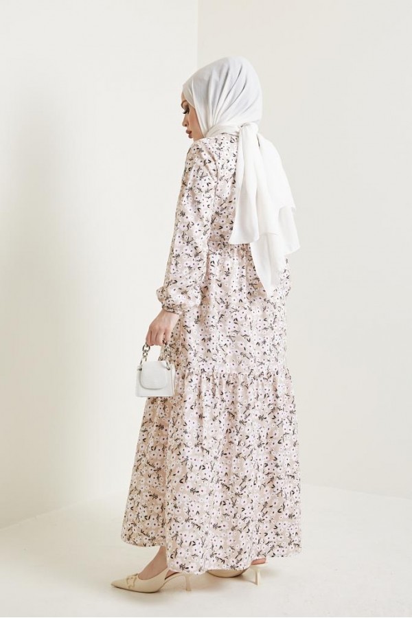 Desenli Tesettür Elbise Bej 434 Desenli Tesettür Elbise Bej 434