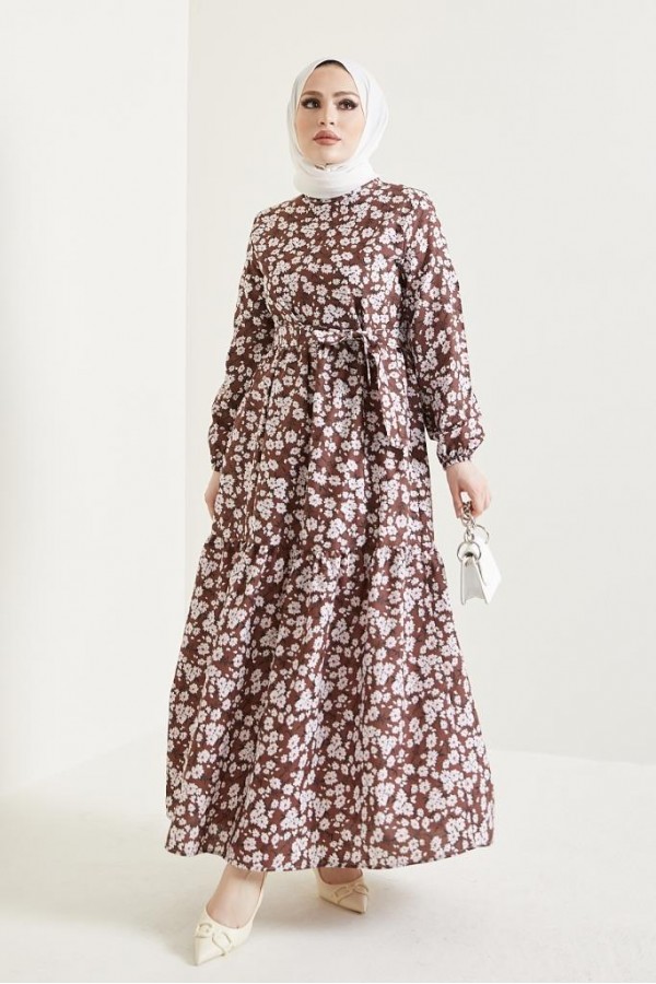  Desenli Tesettür Elbise Kahve 434