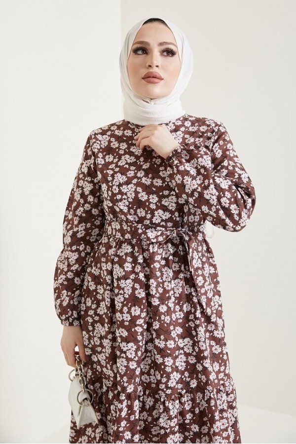  Desenli Tesettür Elbise Kahve 434