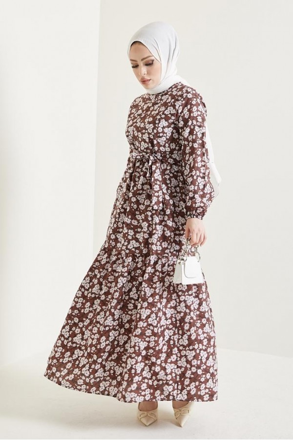  Desenli Tesettür Elbise Kahve 434