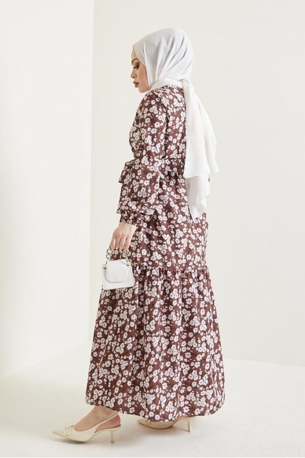  Desenli Tesettür Elbise Kahve 434