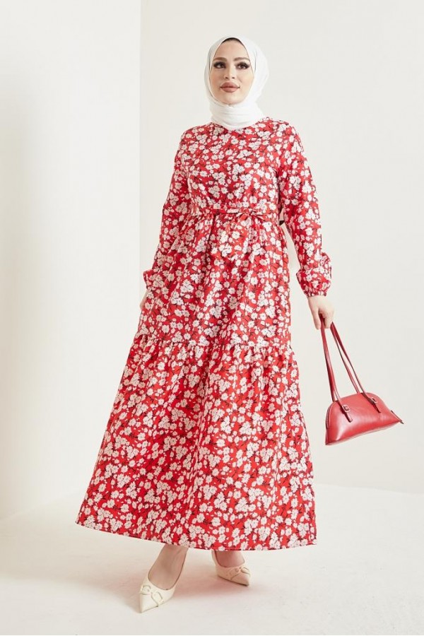  Desenli Tesettür Elbise Kırmızı 434