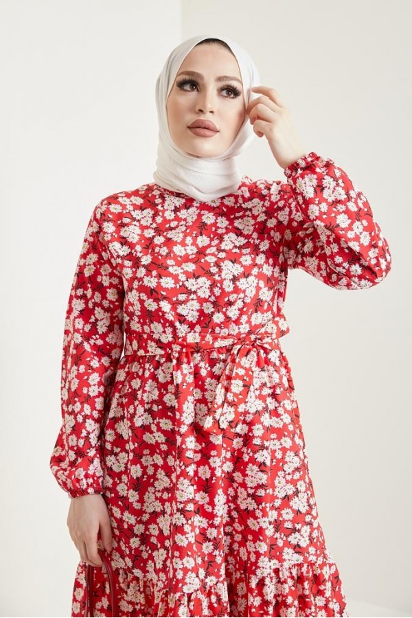  Desenli Tesettür Elbise Kırmızı 434