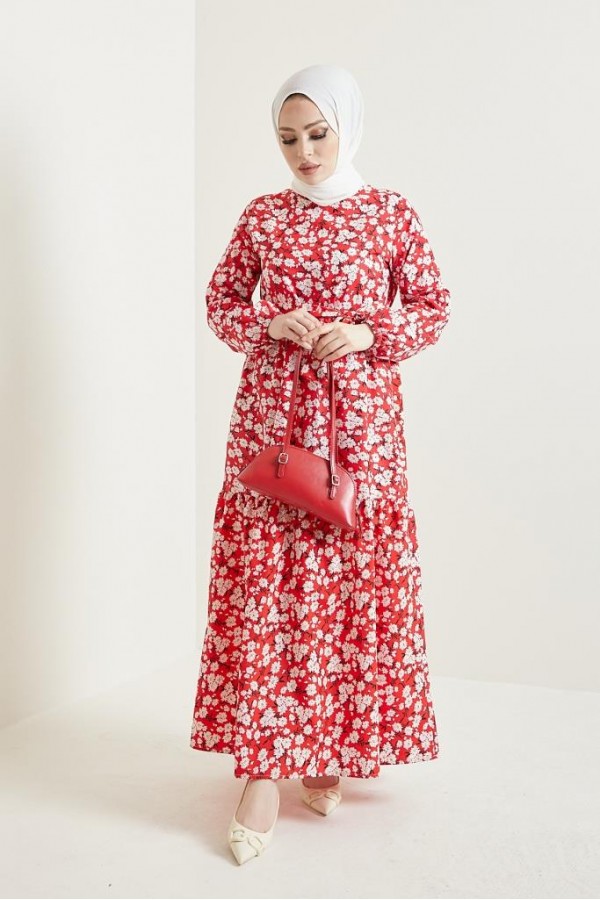  Desenli Tesettür Elbise Kırmızı 434