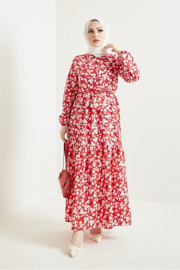  Desenli Tesettür Elbise Kırmızı 434