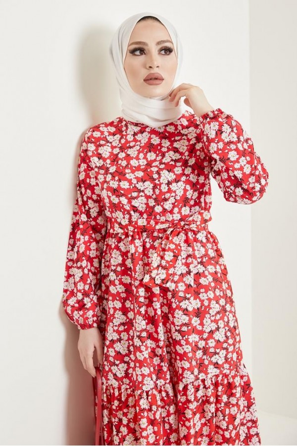  Desenli Tesettür Elbise Kırmızı 434