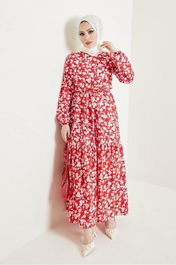  Desenli Tesettür Elbise Kırmızı 434