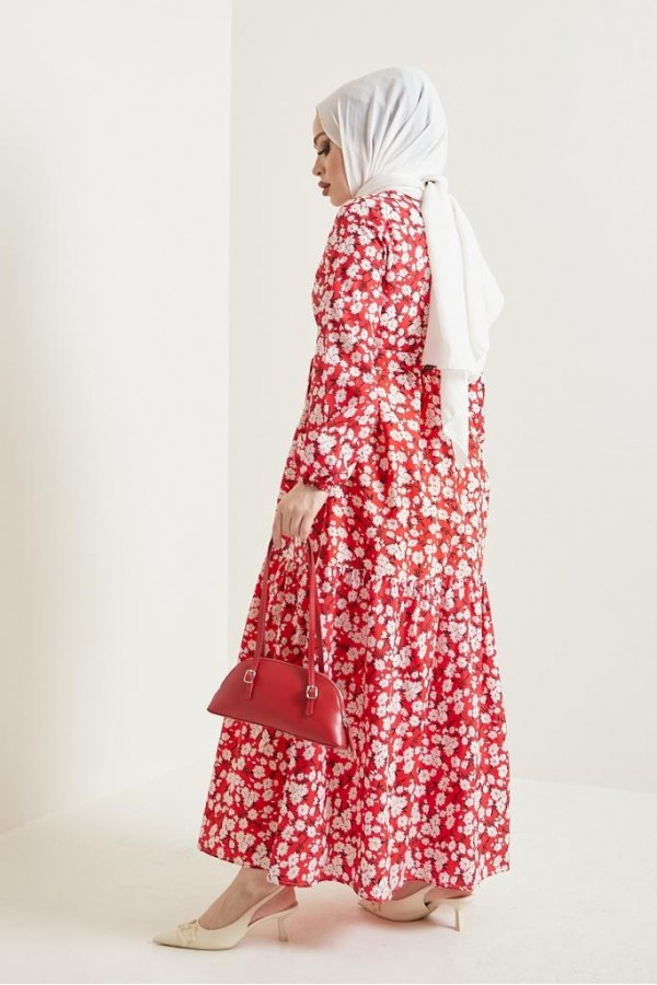 Desenli Tesettür Elbise Kırmızı 434