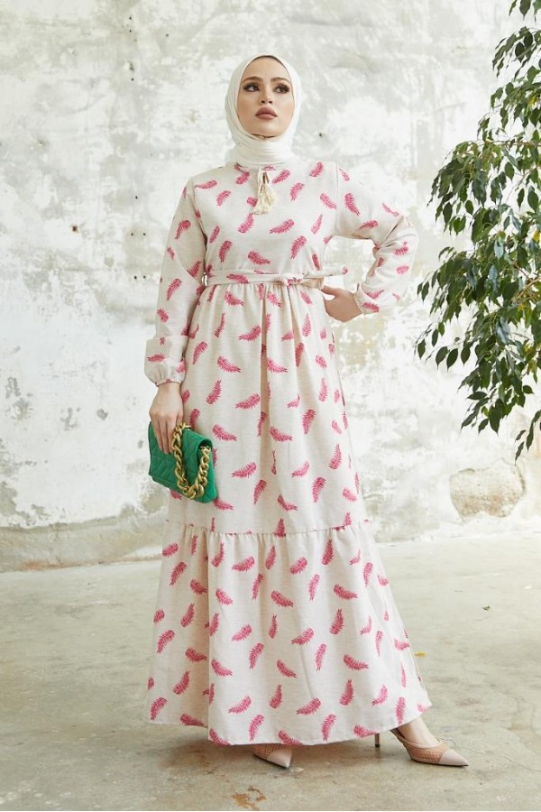  Keten Desenli Tesettür Elbie Fuşya 2203