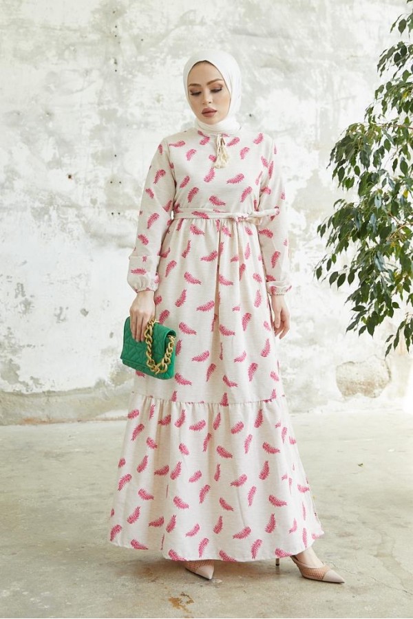  Keten Desenli Tesettür Elbie Fuşya 2203