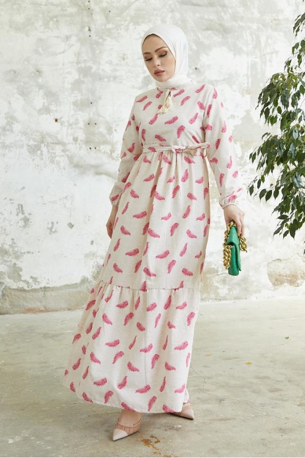  Keten Desenli Tesettür Elbie Fuşya 2203