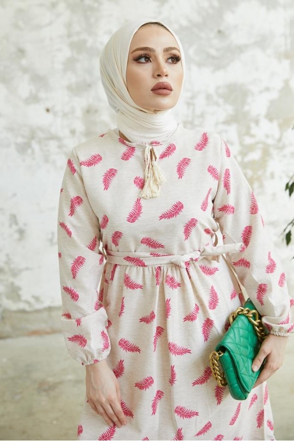  Keten Desenli Tesettür Elbie Fuşya 2203