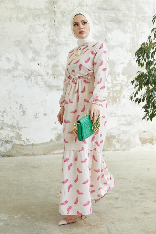  Keten Desenli Tesettür Elbie Fuşya 2203