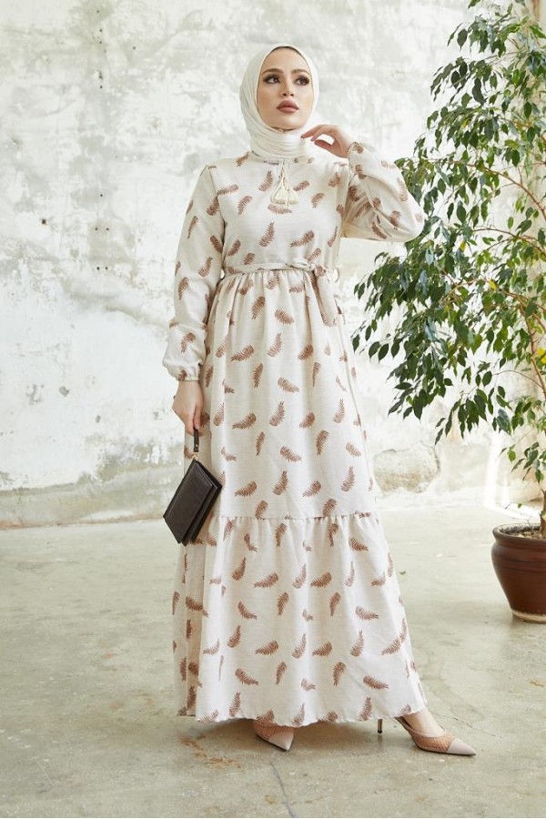  Keten Desenli Tesettür Elbie Kahve 2203